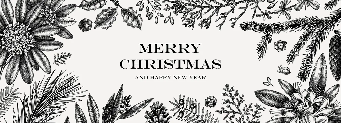 Christmas banner design. Vector frame with hand sketched winter flowers, evergreen plants and conifers. Vintage background with botanical elements. Engraved style vintage winter illustration. Illustration